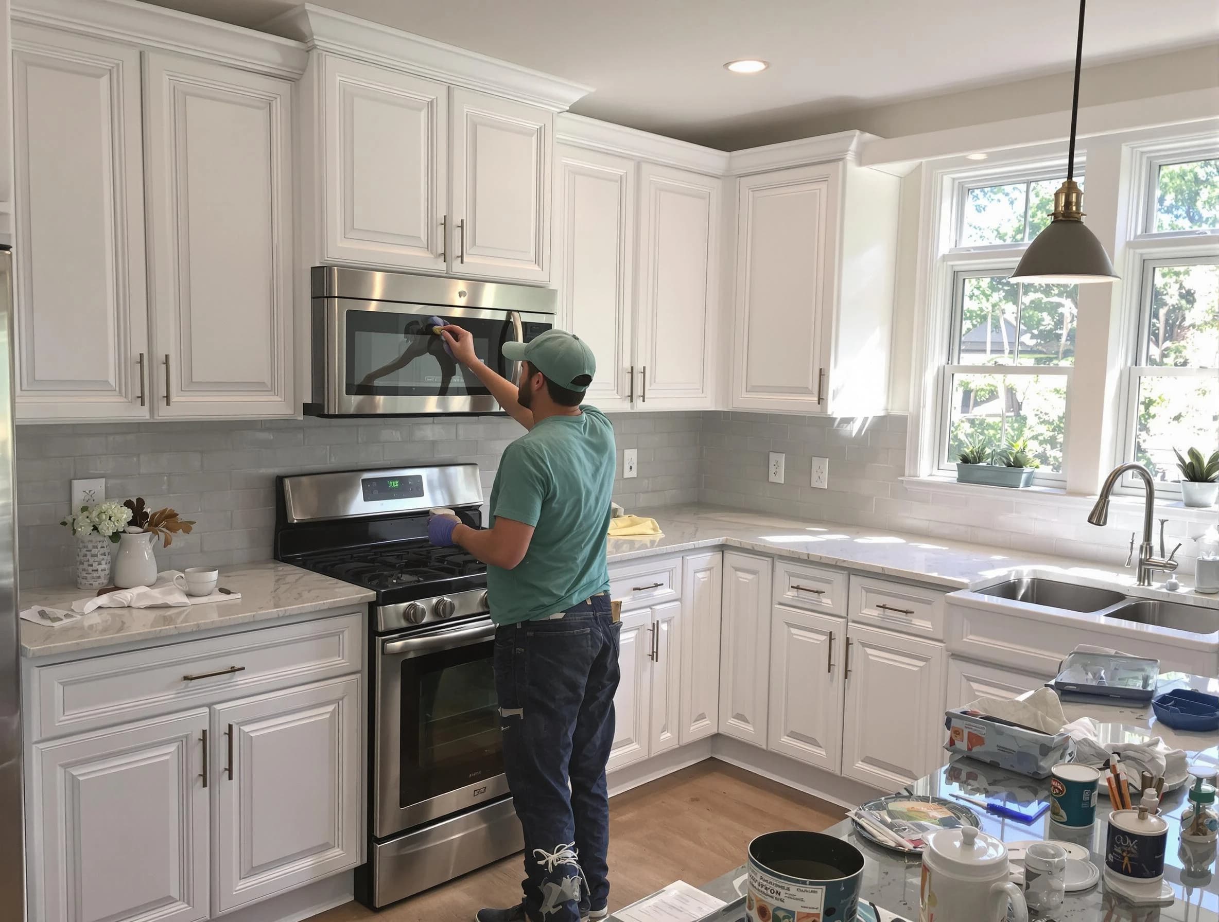 Kitchen cabinets being refinished by Mesa House Painters in Mesa, AZ