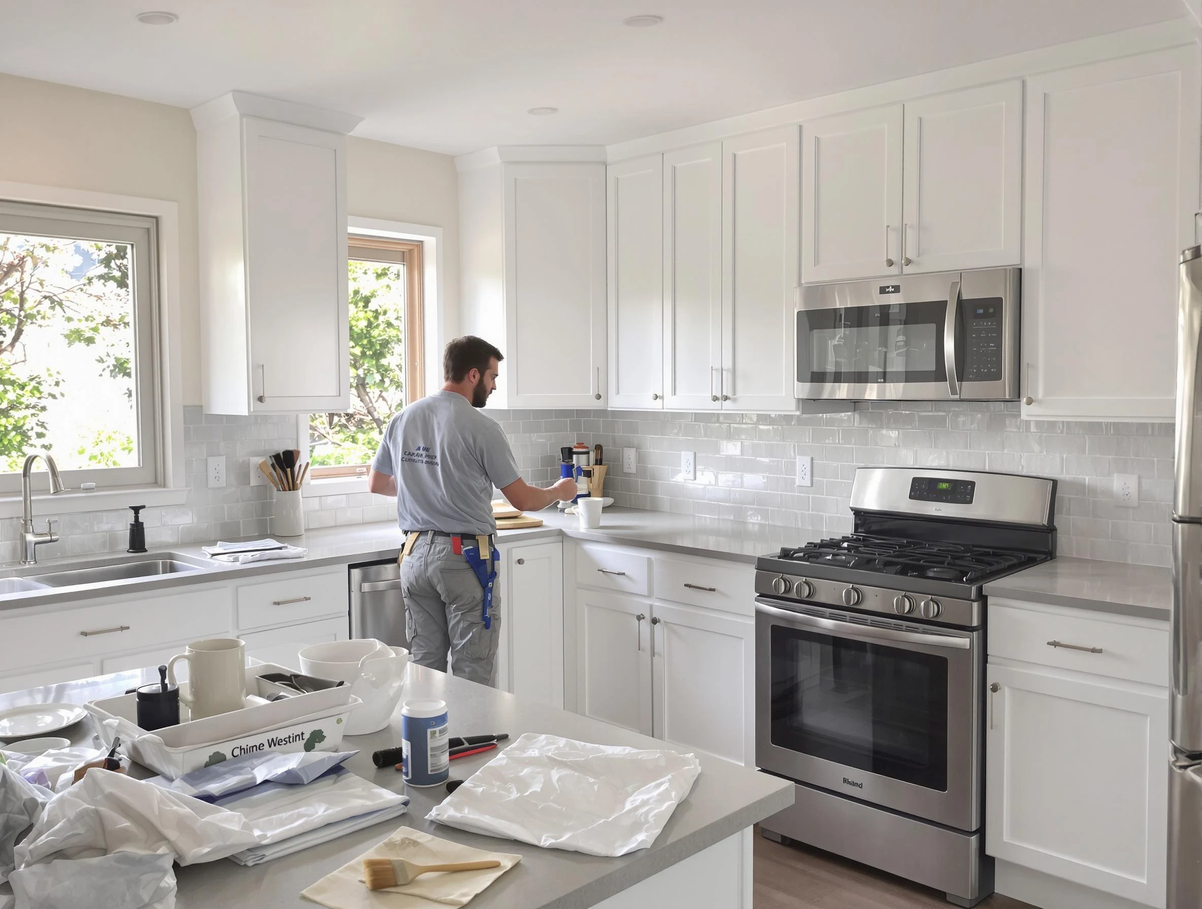 Mesa House Painters applying fresh paint on kitchen cabinets in Mesa