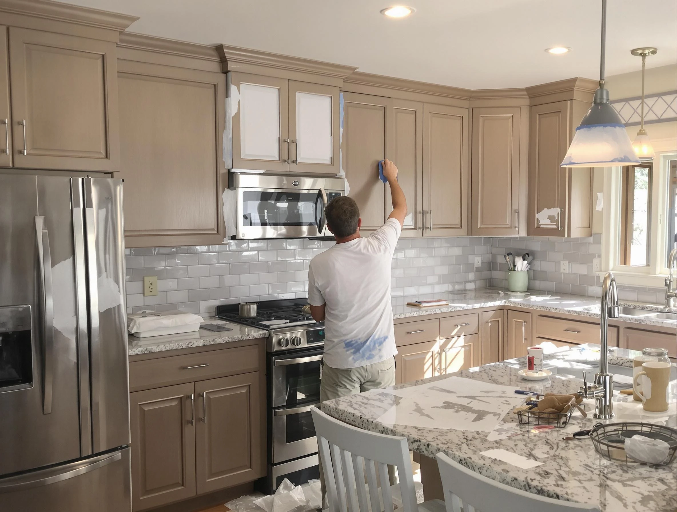 Before-and-after view of kitchen painting by Mesa House Painters in Mesa